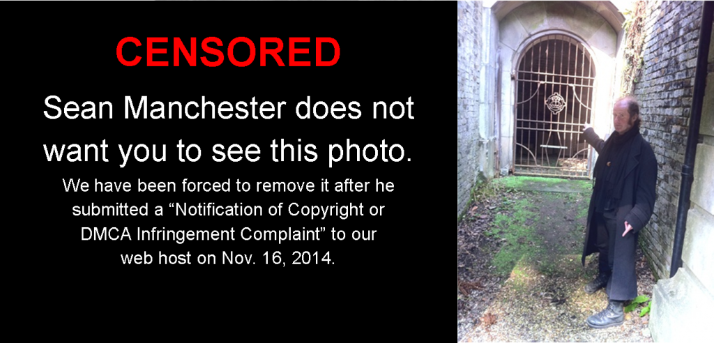 Modified picture added to Erin Chapman's article, "Seeking Vampires in London" (Nov. 16, 2014), on Wednesday, Nov. 19, 2014. Left: "Censored" overlay obscuring Sean Manchester's photograph of Lusia pointing at "the large iron door which could not be opened but beyond which lay three empty coffins". Right: Gareth Medway stands in the passage way, pointing at the same "large iron door" during a visit to the cemetery on Sunday, March 27, 2011. (The Human Touch)