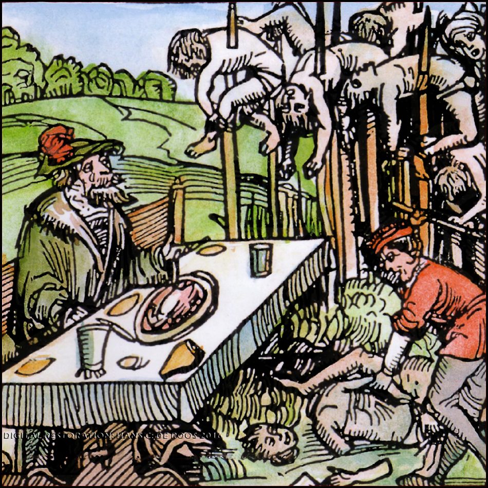 A colorized rendering of the woodcut by Ambrosius Huber of Nuremberg (1499)